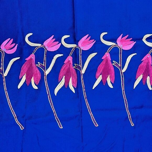 Ana Lee Women's One Size Royal Blue Floral Wool Embroidery Shawl With Tassel - Picture 7 of 7